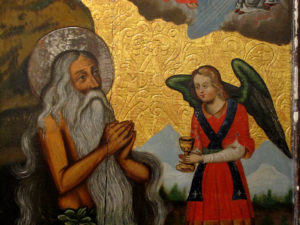 Ангел причащает прп.Онуфрия. Волынская икона XVIIв.