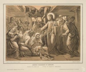 Christ heals a paralyzed man in Capernaum, V.S. Kriukov. Lithography. Paper, graphics. St. Petersburg, 1876