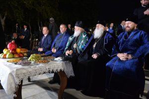 Ancient Eastern tradition in our days. Patriarch and members of the delegation at a reception with the head of state in Central Asia